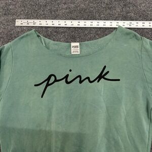 PINK Sweatshirt Womens XL Green Cropped Script Logo Boat Neck Relaxed Pullover